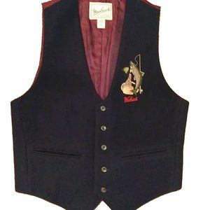 Vintage Mens Woolrich Wool Vest! L  Big Embroidered Fishing (Trout) Motif  Navy